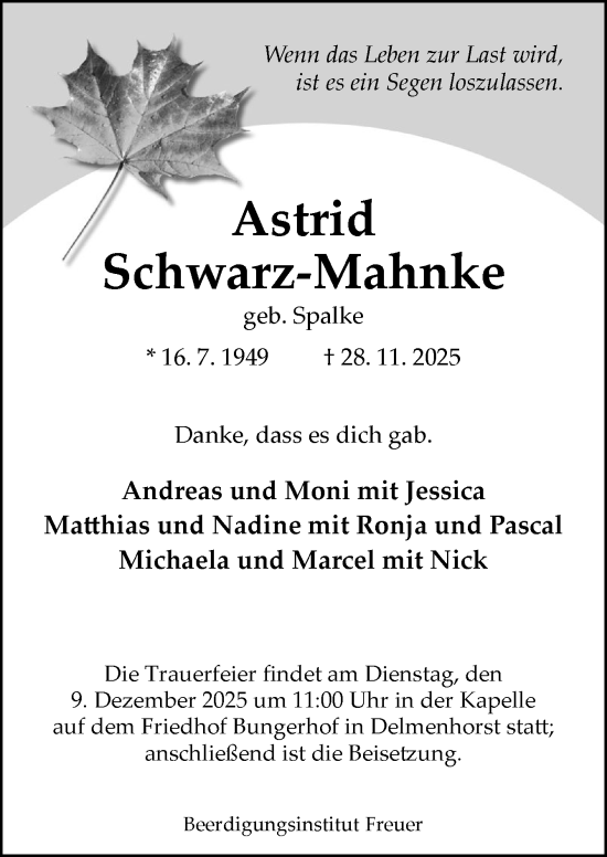 Traueranzeige von Astrid Schwarz-Mahnke von DK Medien GmbH & Co. KG
