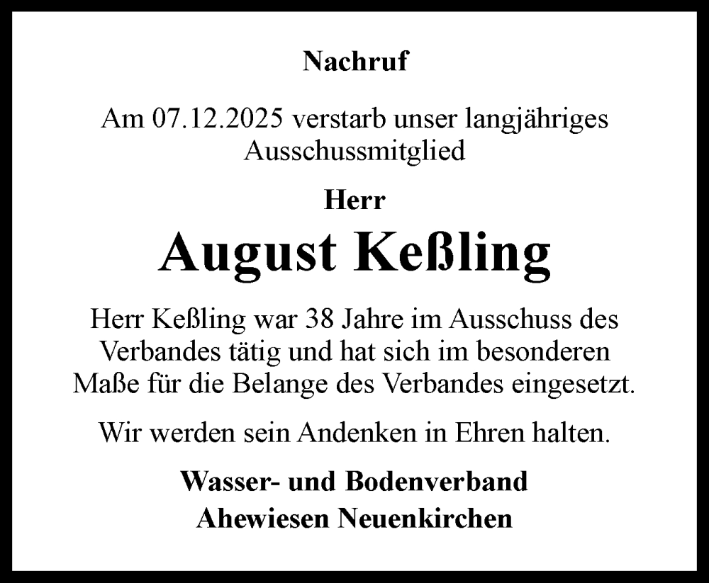  Traueranzeige für August Keßling vom 12.12.2025 aus Neue Osnabrücker Zeitung GmbH & Co. KG
