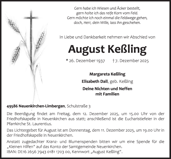 Traueranzeige von August Keßling von Neue Osnabrücker Zeitung GmbH & Co. KG