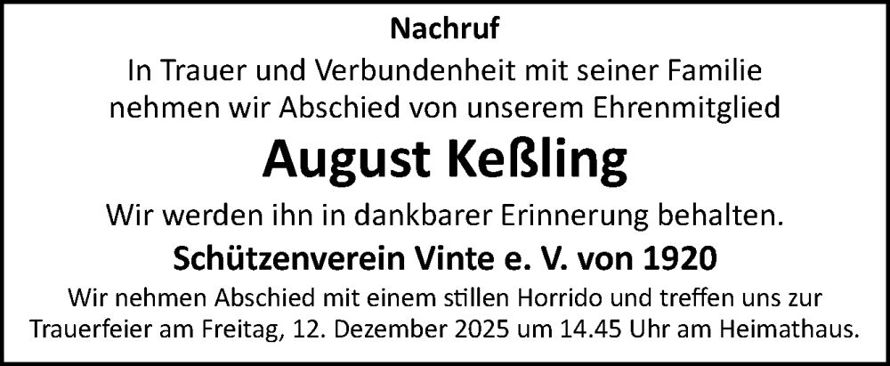  Traueranzeige für August Keßling vom 11.12.2025 aus Neue Osnabrücker Zeitung GmbH & Co. KG