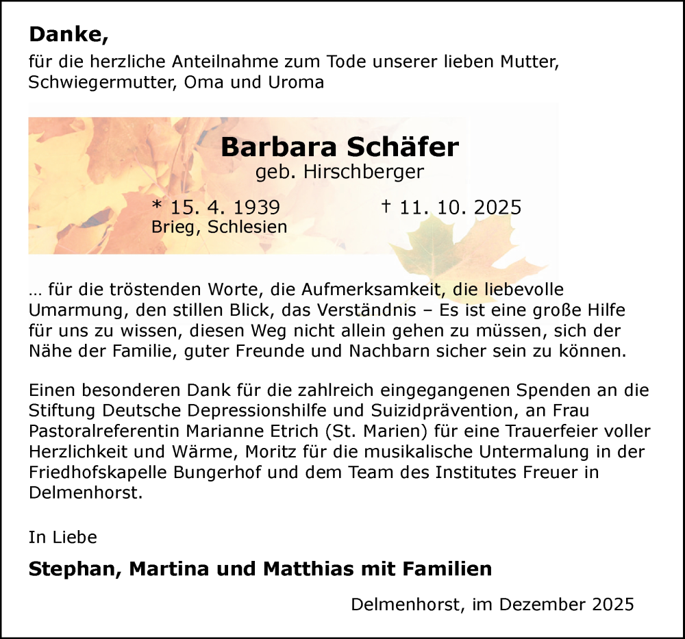 Traueranzeige für Barbara Schäfer vom 06.12.2025 aus DK Medien GmbH & Co. KG