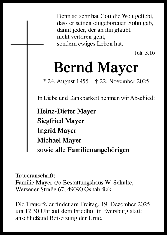 Traueranzeige von Bernd Mayer von Neue Osnabrücker Zeitung GmbH & Co. KG