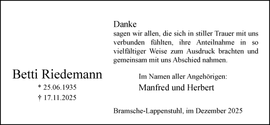 Traueranzeige von Betti Riedemann von Neue Osnabrücker Zeitung GmbH & Co. KG