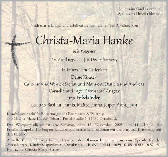 Traueranzeige von Christa-Maria Hanke von Neue Osnabrücker Zeitung GmbH & Co. KG