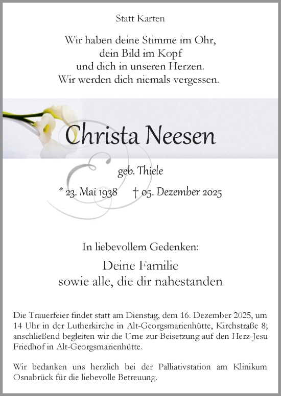 Traueranzeige von Christa Neesen von Neue Osnabrücker Zeitung GmbH & Co. KG
