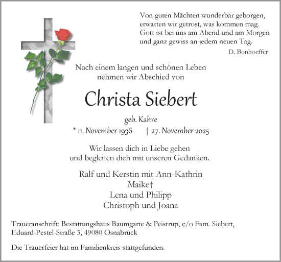 Traueranzeige von Christa Siebert von Neue Osnabrücker Zeitung GmbH & Co. KG