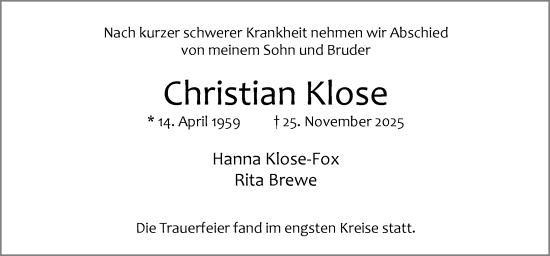 Traueranzeige von Christian Klose von Neue Osnabrücker Zeitung GmbH & Co. KG