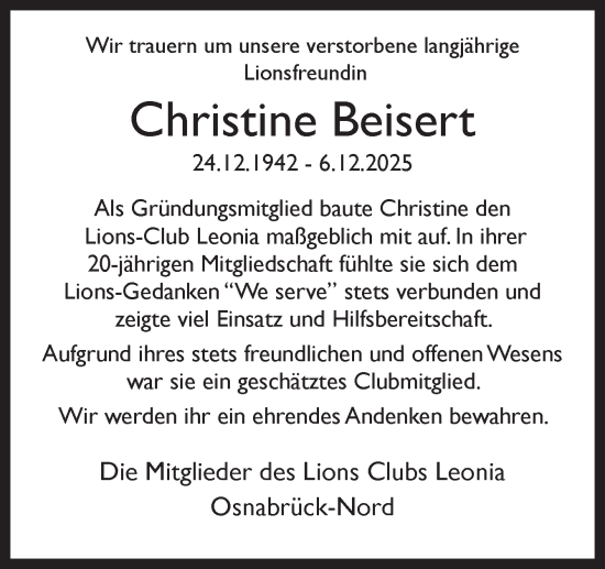 Traueranzeige von Christine Beisert von Neue Osnabrücker Zeitung GmbH & Co. KG