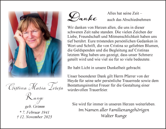 Traueranzeige von Cristina Maria Teresa Runge von DK Medien GmbH & Co. KG
