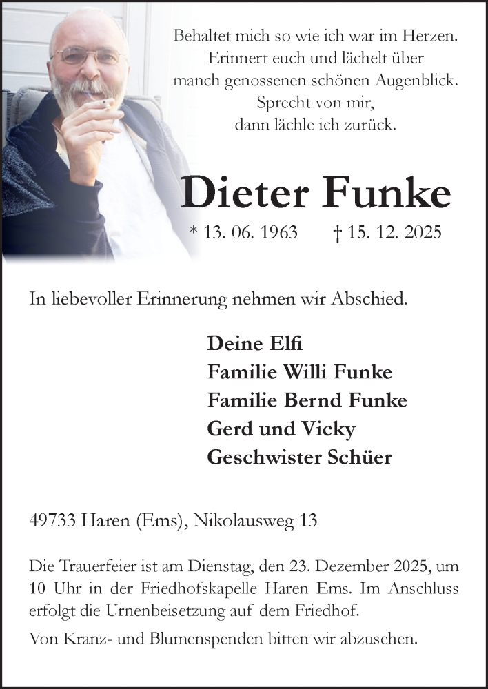  Traueranzeige für Dieter Funke vom 18.12.2025 aus Neue Osnabrücker Zeitung GmbH & Co. KG