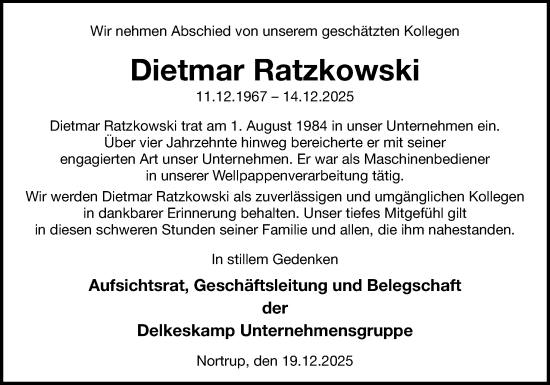 Traueranzeige von Dietmar Ratzkowski von Neue Osnabrücker Zeitung GmbH & Co. KG