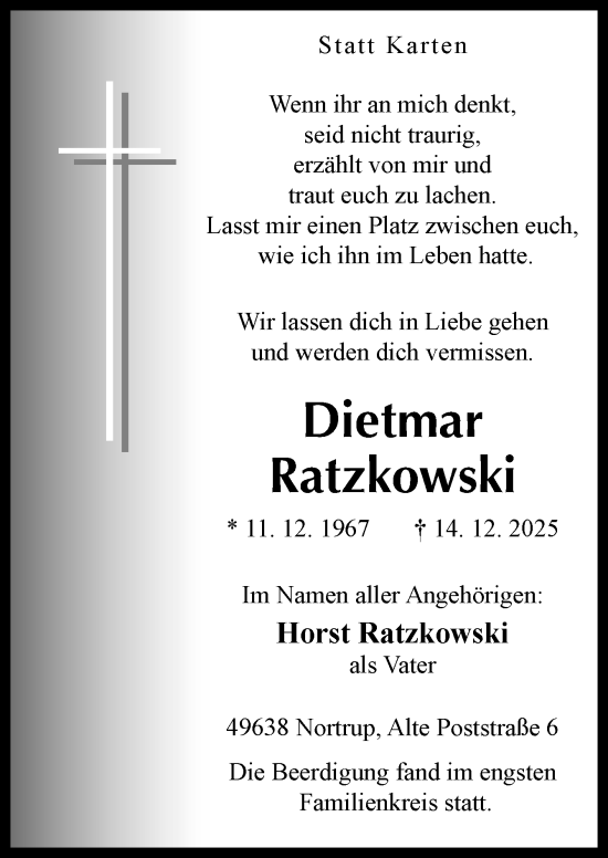 Traueranzeige von Dietmar Ratzkowski von Neue Osnabrücker Zeitung GmbH & Co. KG