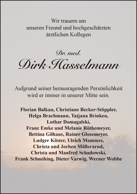 Traueranzeige von Dirk Hasselmann von Neue Osnabrücker Zeitung GmbH & Co. KG