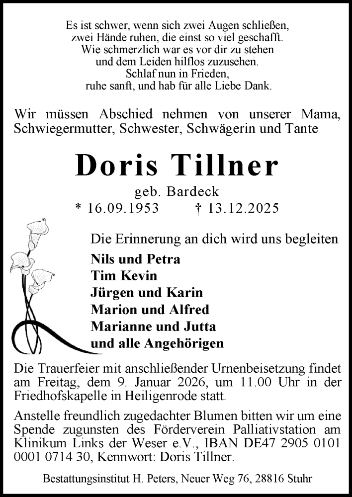  Traueranzeige für Doris Tillner vom 20.12.2025 aus DK Medien GmbH & Co. KG
