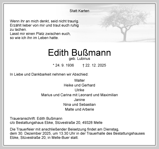 Traueranzeige von Edith Bußmann von Neue Osnabrücker Zeitung GmbH & Co. KG