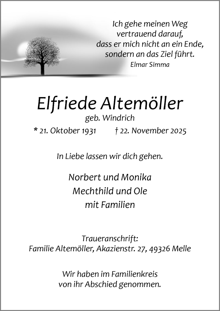  Traueranzeige für Elfriede Altemöller vom 13.12.2025 aus Neue Osnabrücker Zeitung GmbH & Co. KG