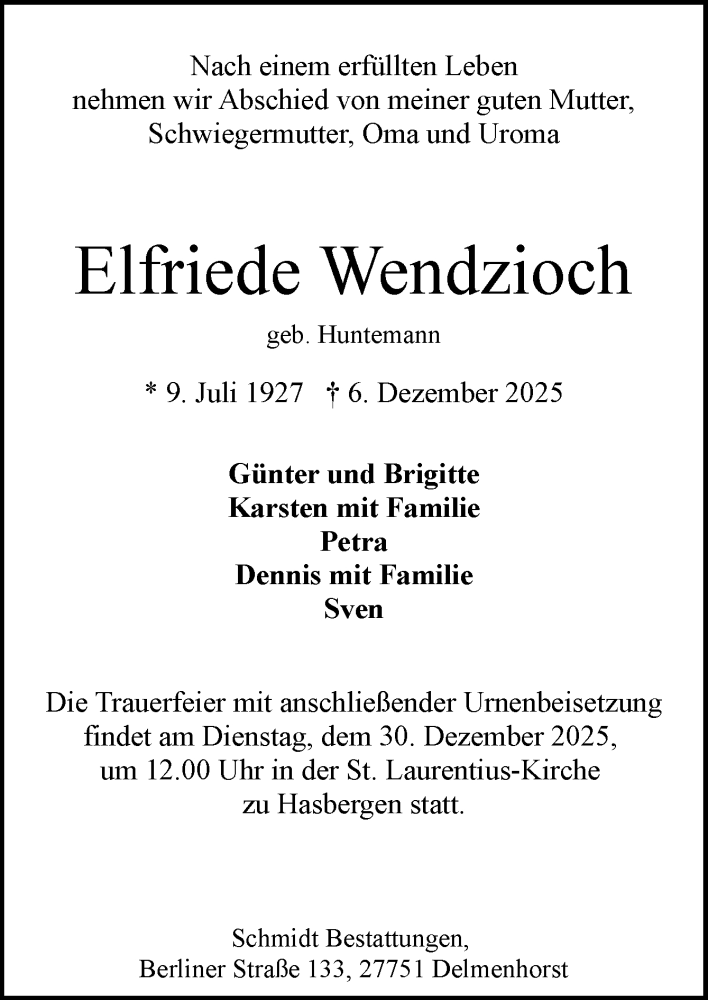  Traueranzeige für Elfriede Wendzioch vom 20.12.2025 aus DK Medien GmbH & Co. KG