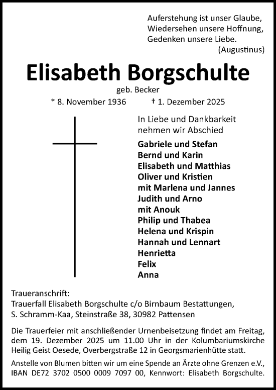Traueranzeige von Elisabeth Borgschulte von Neue Osnabrücker Zeitung GmbH & Co. KG