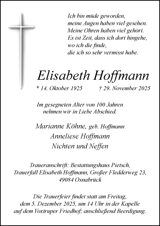 Traueranzeige von Elisabeth Hoffmann von Neue Osnabrücker Zeitung GmbH & Co. KG