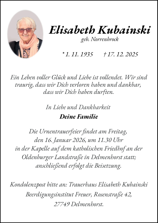 Traueranzeige von Elisabeth Kubainski von DK Medien GmbH & Co. KG