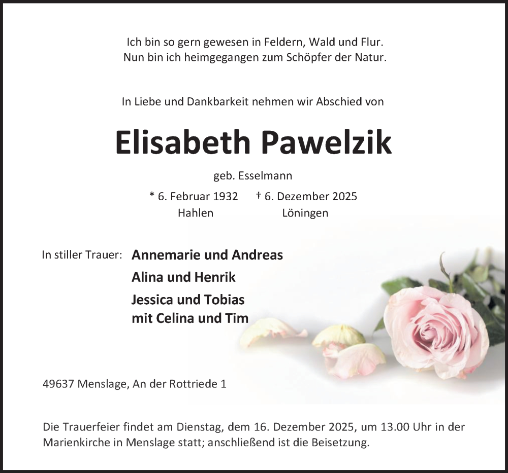  Traueranzeige für Elisabeth Pawelzik vom 13.12.2025 aus Neue Osnabrücker Zeitung GmbH & Co. KG