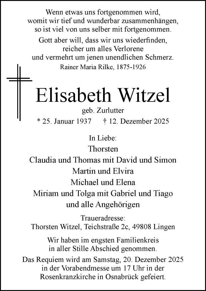  Traueranzeige für Elisabeth Witzel vom 19.12.2025 aus Neue Osnabrücker Zeitung GmbH & Co. KG