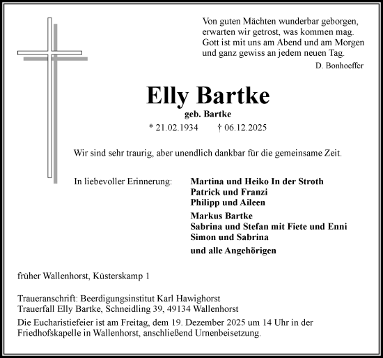 Traueranzeige von Elly Bartke von Neue Osnabrücker Zeitung GmbH & Co. KG