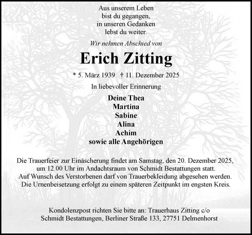  Traueranzeige für Erich Zitting vom 17.12.2025 aus DK Medien GmbH & Co. KG
