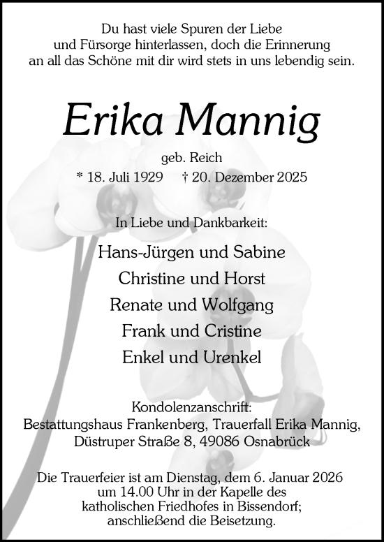 Traueranzeige von Erika Mannig von Neue Osnabrücker Zeitung GmbH & Co. KG