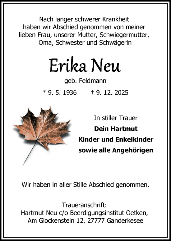 Traueranzeige von Erika Neu von DK Medien GmbH & Co. KG