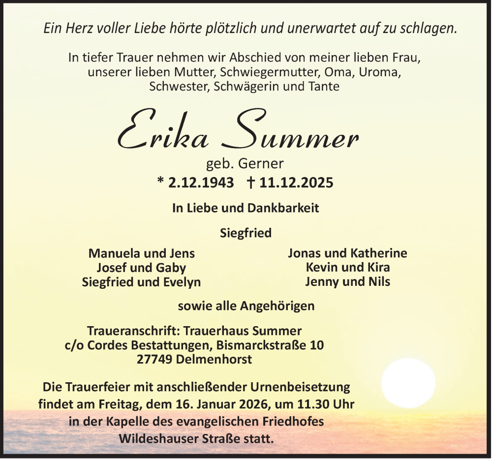 Traueranzeige für Erika Summer vom 20.12.2025 aus DK Medien GmbH & Co. KG