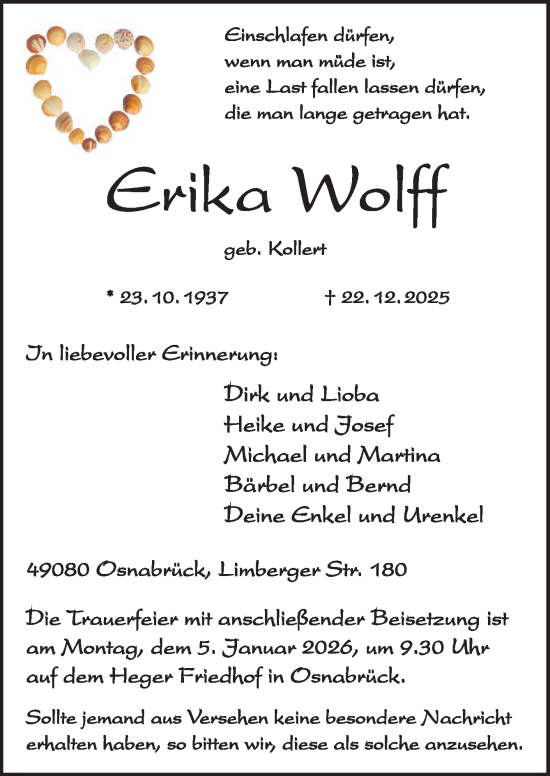 Traueranzeige von Erika Wolff von Neue Osnabrücker Zeitung GmbH & Co. KG