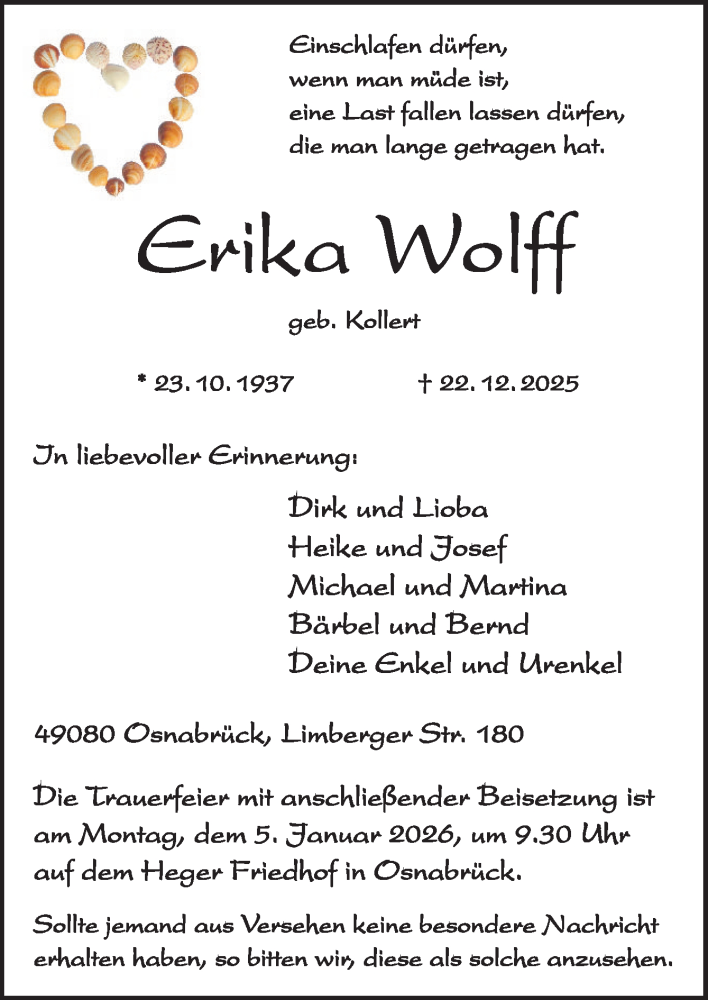  Traueranzeige für Erika Wolff vom 27.12.2025 aus Neue Osnabrücker Zeitung GmbH & Co. KG