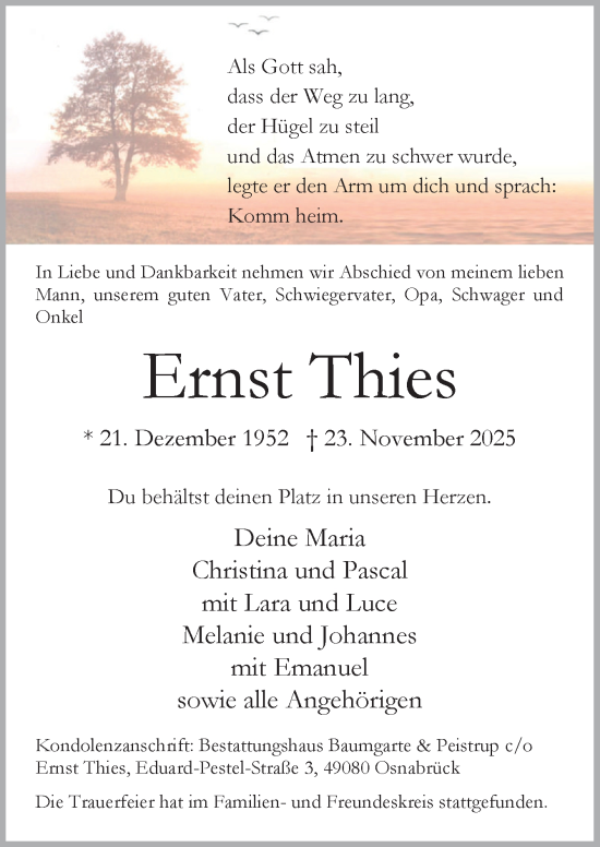 Traueranzeige von Ernst Thies von Neue Osnabrücker Zeitung GmbH & Co. KG
