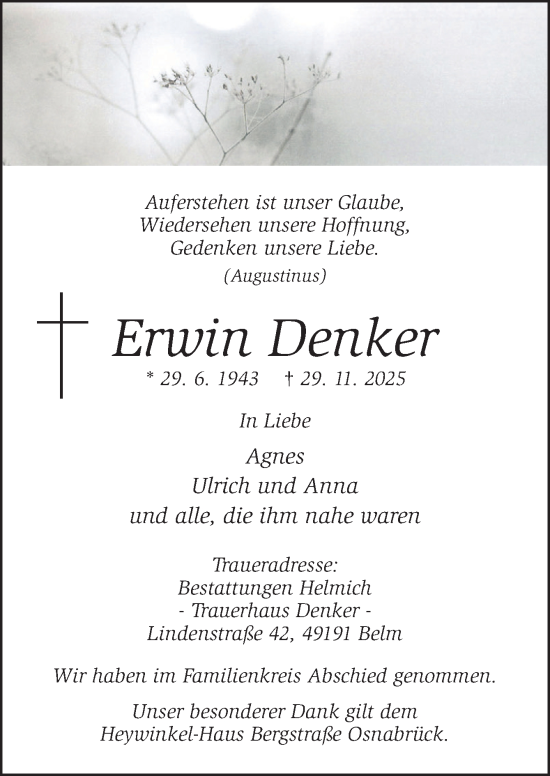 Traueranzeige von Erwin Denker von Neue Osnabrücker Zeitung GmbH & Co. KG