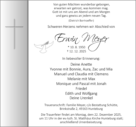 Traueranzeige von Erwin Meyer von Neue Osnabrücker Zeitung GmbH & Co. KG