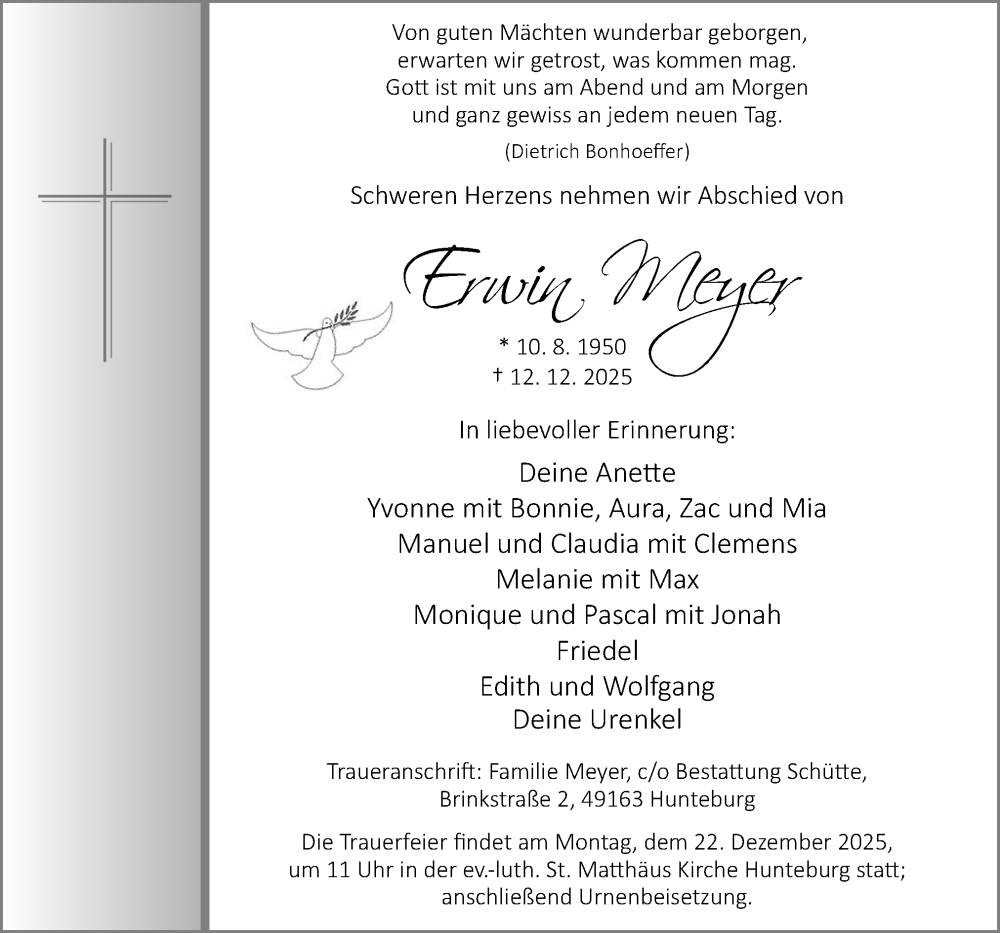  Traueranzeige für Erwin Meyer vom 17.12.2025 aus Neue Osnabrücker Zeitung GmbH & Co. KG