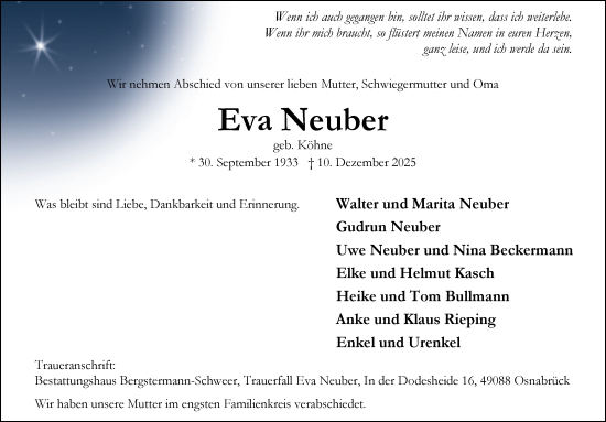 Traueranzeige von Eva Neuber von Neue Osnabrücker Zeitung GmbH & Co. KG