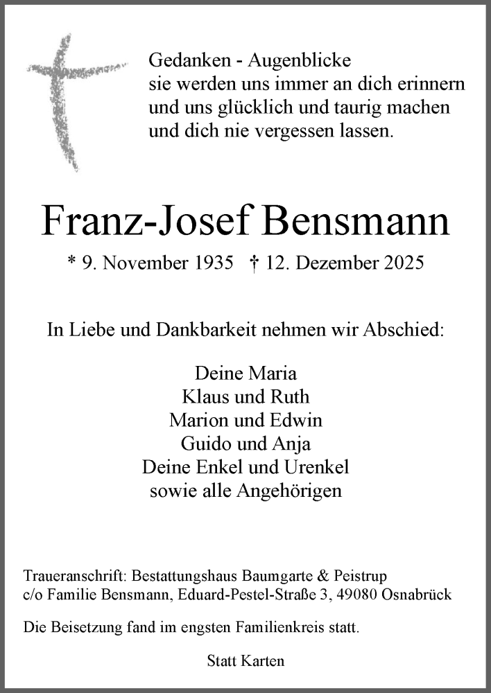  Traueranzeige für Franz-Josef Bensmann vom 20.12.2025 aus Neue Osnabrücker Zeitung GmbH & Co. KG