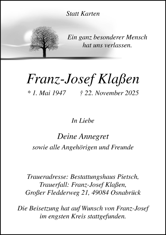 Traueranzeige von Franz-Josef Klaßen von Neue Osnabrücker Zeitung GmbH & Co. KG