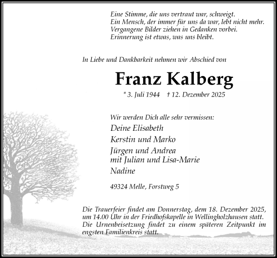 Traueranzeige von Franz Kalberg von Neue Osnabrücker Zeitung GmbH & Co. KG