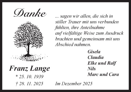 Traueranzeige von Franz Lange von Neue Osnabrücker Zeitung GmbH & Co. KG