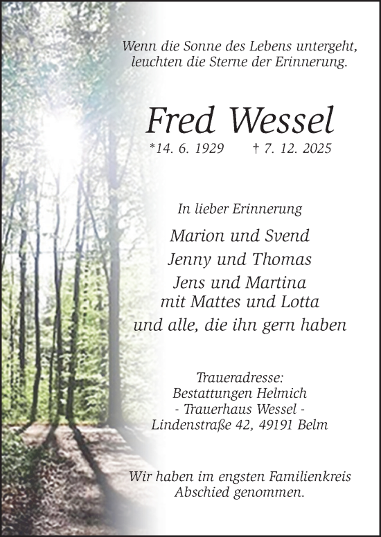 Traueranzeige von Fred Wessel von Neue Osnabrücker Zeitung GmbH & Co. KG