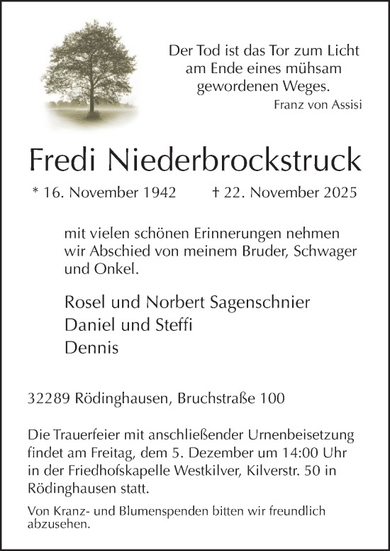 Traueranzeige von Fredi Niederbrockstruck von Neue Osnabrücker Zeitung GmbH & Co. KG