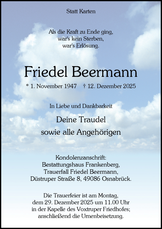 Traueranzeige von Friedel Beermann von Neue Osnabrücker Zeitung GmbH & Co. KG