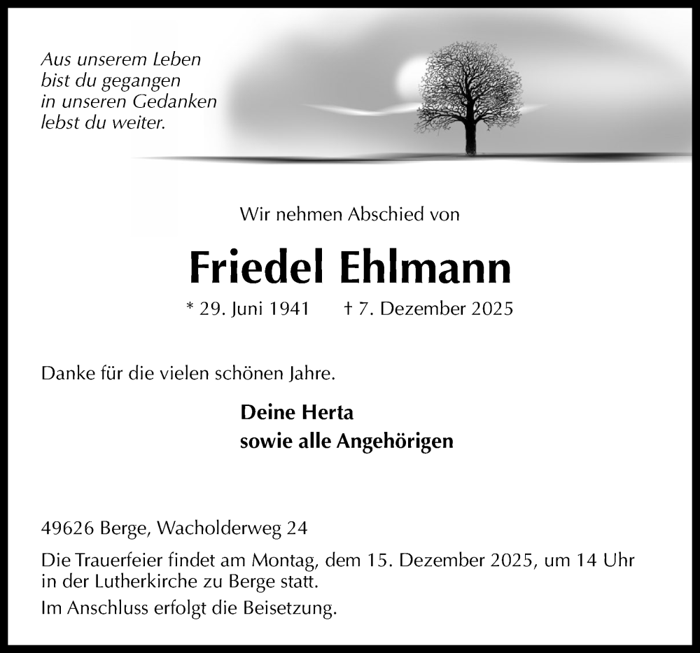  Traueranzeige für Friedel Ehlmann vom 10.12.2025 aus Neue Osnabrücker Zeitung GmbH & Co. KG