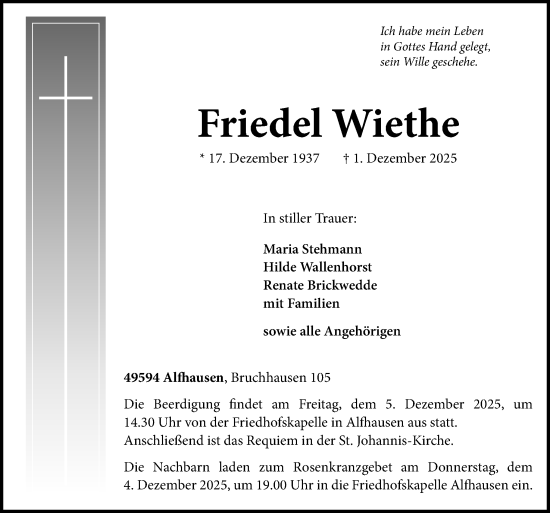Traueranzeige von Friedel Wiethe von Neue Osnabrücker Zeitung GmbH & Co. KG