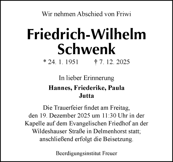 Traueranzeige von Friedrich-Wilhelm Schwenk von DK Medien GmbH & Co. KG