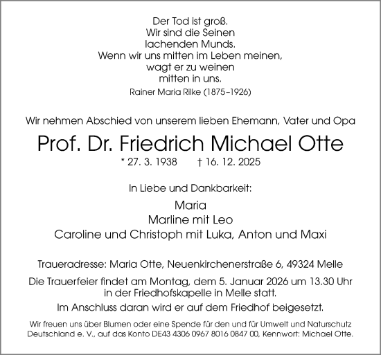 Traueranzeige von Friedrich Michael Otte von Neue Osnabrücker Zeitung GmbH & Co. KG