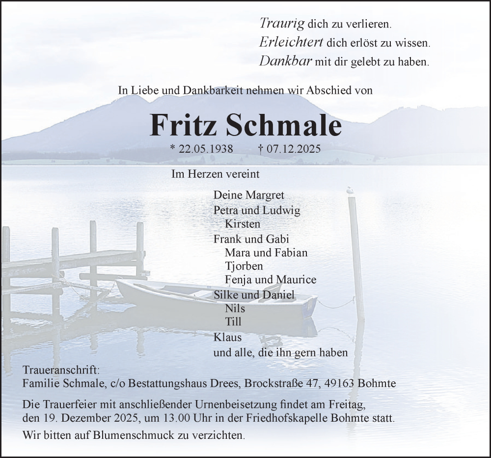  Traueranzeige für Fritz Schmale vom 13.12.2025 aus Neue Osnabrücker Zeitung GmbH & Co. KG